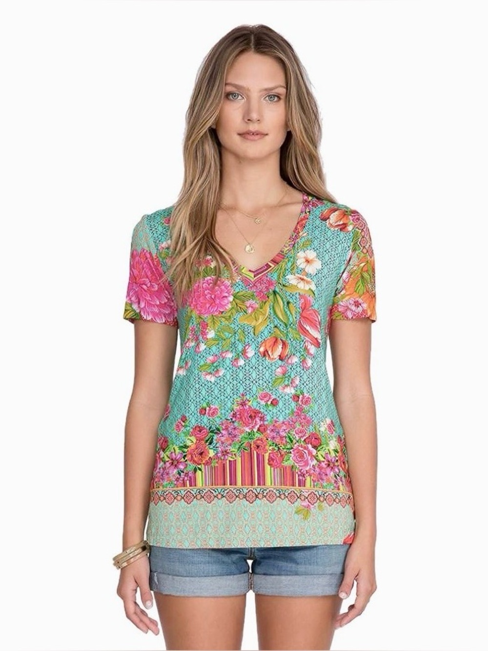 JOHNNY WAS Floral V-Neck Short Sleeve Bamboo Top